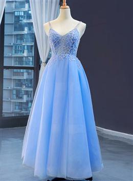 Picture of Blue V-neckline Tulle Beaded Long Straps Beaded Dresses, Blue Fashionable Formal Dresses Prom Dresses